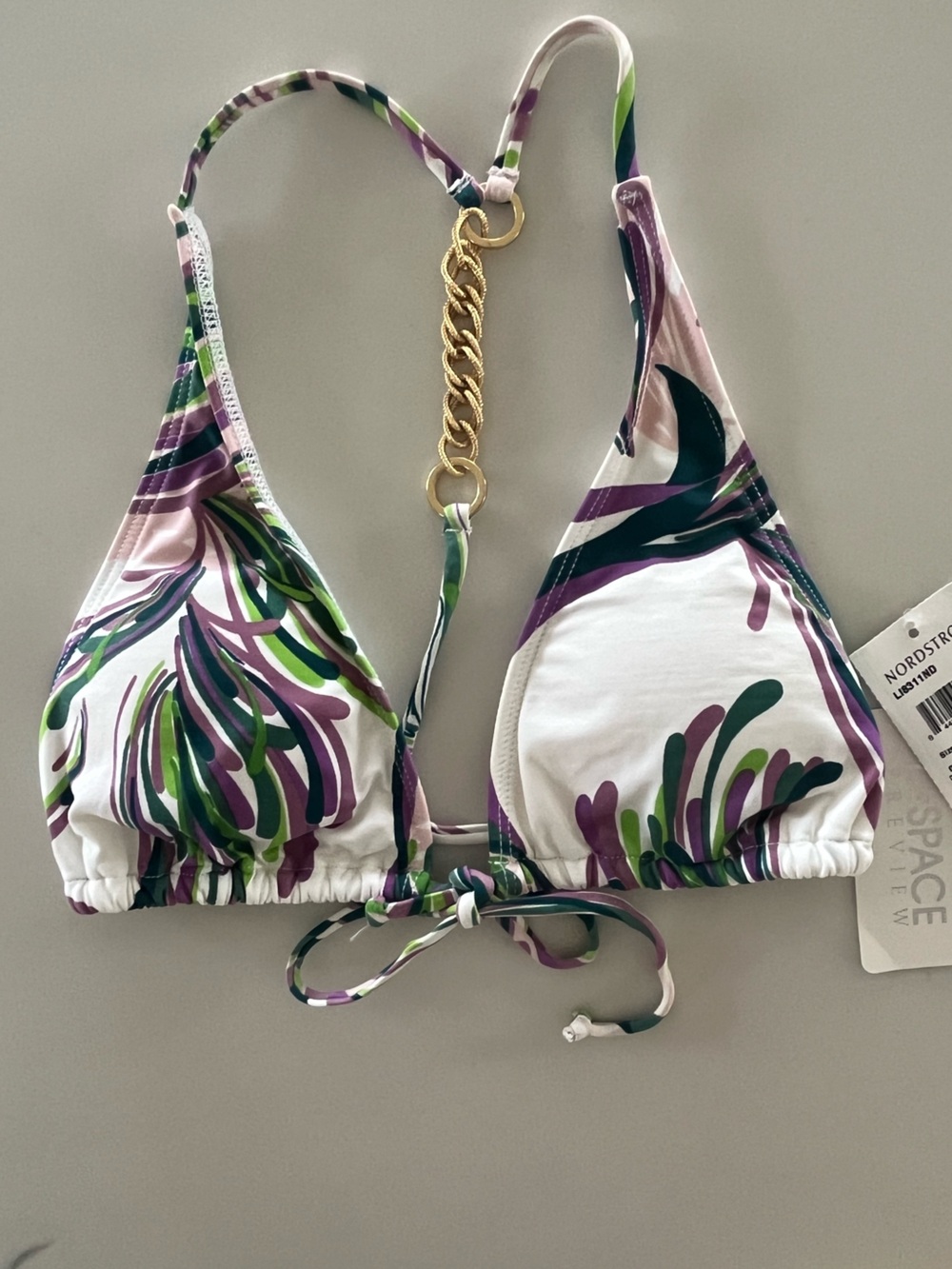 L*Space Abstract Botanical Gold Chain Back Triangle Front-Tie Bikini Top Size XS